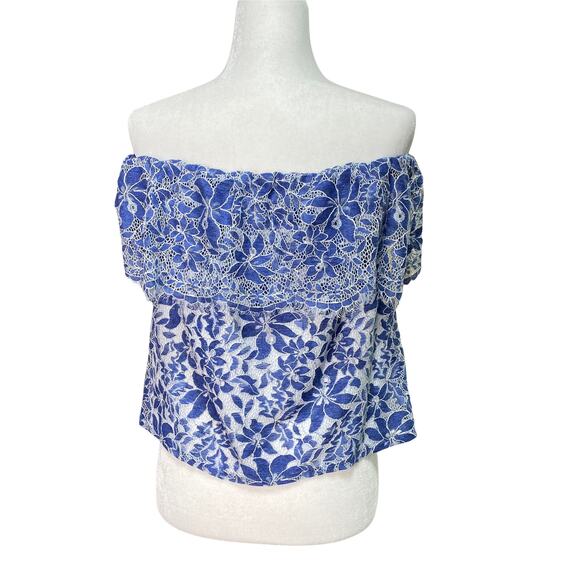 COOPER & ELLA | sz XS Women's Blue/White Floral Lace Off Shoulder Ruffle Blouse - Picture 5 of 6